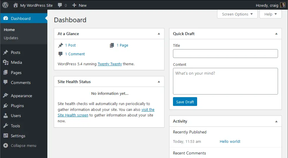 WordPress dashboard